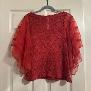 Free People Red Lace Blouse with Sheer Sleeves